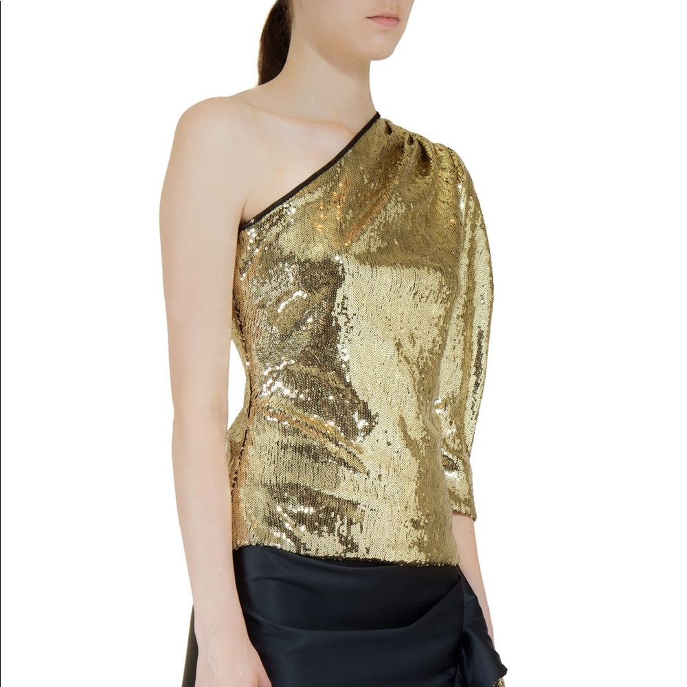 Space Simona Corsellini One-Shoulder Sequined Gold Top Size 40 or Small US